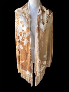 Vtg Whimsigoth Stevie Nicks Shawl Wrap Burnout Velvet Beige Lead Print W Fringe - Picture 1 of 12