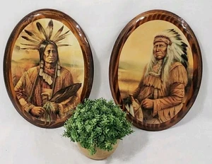 2 Indianer Indianer Häuptling Kunstdruck auf Holz Plakette Wandbild oval Vintage  - Bild 1 von 8