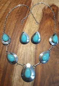 STERLING SILVER SOUTHWESTERN CONCHO TURQUOISE LARIAT NECKLACE And EARRINGS RWG - Picture 1 of 7