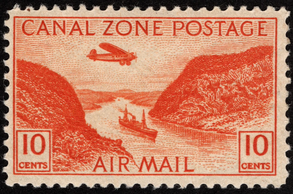 Canal Zone Stamp Scott # C9 Mint F-VF 10 Cents Orange Airplane Over Gaillard Cut - Image 1 of 1