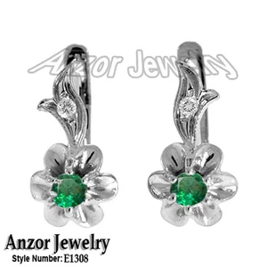 Earrings Genuine Emerald & Genuine Diamond in14k White Gold 585 Made in USA - Picture 1 of 4