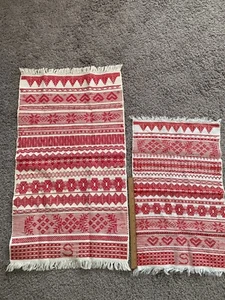 2 Vtg Red & White Swedish Weaving Kitchen Towels Pattern Fringed Monogrammed S - Picture 1 of 9