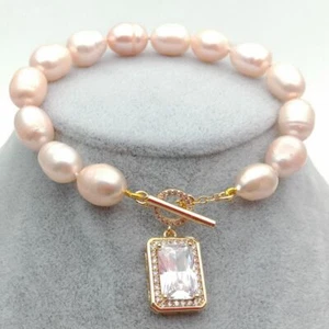 8'' Freshwater Pink Rice Pearl Bracelet CZ Toggle Clasp - Picture 1 of 9