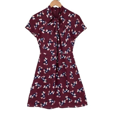 Banana Republic Sheath Dress Womens 2P Burgundy Floral Twist Front Back Zip - Image 1 of 4