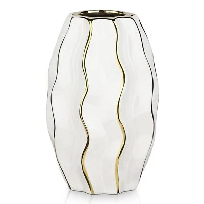 Florero de cerámica blanco y dorado - 7,4" moderno a rayas verticales cerámica onda V... Foto 1 de 4