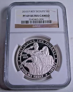 2010-P BOY SCOUTS $1 SILVER DOLLAR NGC PF 69 UCAM WITH ORIGINAL MINT BOX/COA - Picture 1 of 2