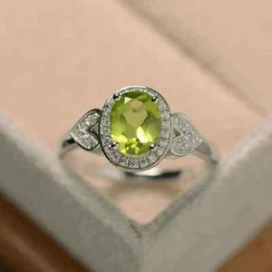 Oval Cut 1.75 Ct Natural Peridot Diamond Wedding Ring Solid 14K White Gold SzALL - Picture 1 of 7