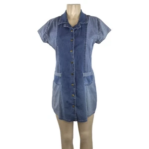 Y2K Mini Dress Vintage Size 16 Two Tone Contrast Denim Blue Jean Snap Button - Picture 1 of 10