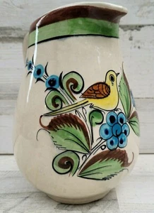 Mexico Tonala Pottery Bird 7" Tall Sandstone Pitcher Jug Vase Green Yellow Blue - Picture 1 of 10