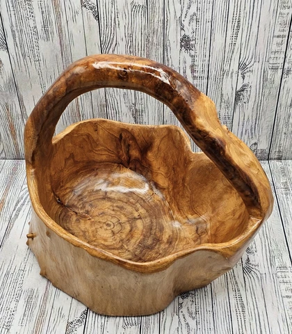 Hand Crafted Burl Wood Basket about 10" x 9 x 11" with Handle Natural Shape Cover