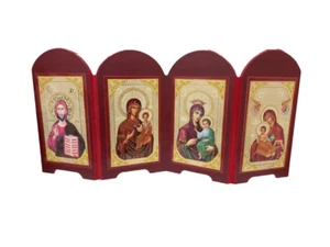 11 3/4" Tetraptych 4 Icons Virgin Mary Theotoko Folding Prayer Corner MDF 29.5cm - Picture 1 of 6