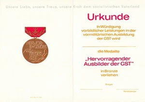 DDR blanko Urkunde GST Medaille Hervorragender Ausbilder in Bronze - Picture 1 of 1
