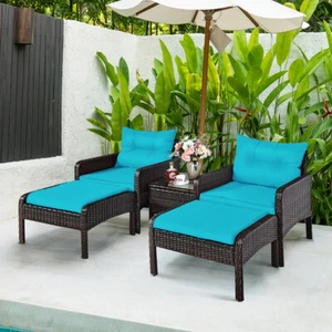 5 PCS Patio Rattan Furniture Set Sofa Ottoman Table Cushioned Turquoise - Picture 1 of 12