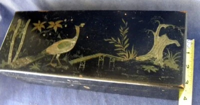 Antigua CAJA DE VESTIDOR Guante Madera LACA NEGRA ASIÁTICA HOJA DE ORO Foto 1 de 4