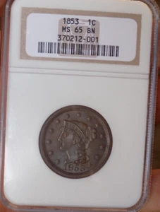 LARGE CENT 1853 NGC MS 65+++ OLD HOLDER MONSTER UNDER GRADE WOW COIN! - Picture 1 of 4
