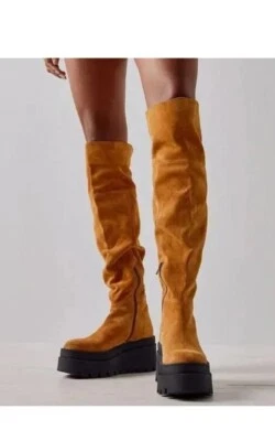 Free People London Calling Cognac Wedge Over The Knee Suede Lug Boots NEW 6.5 - Image 1 of 4