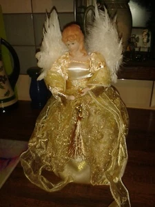 PORCELAIN FACE HANDS REAL FEATHER WINGED ANGEL CHRISTMAS TREE TOPPER FIGURINE - Picture 1 of 4
