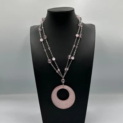 Collar Doble Hilo Tono Plata Rosa Vidrio Cuentas Círculo Abierto Colgante 24" Foto 1 de 4