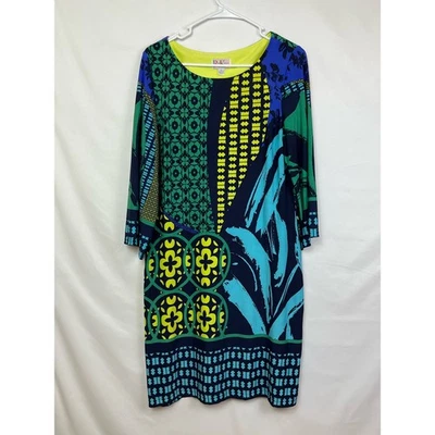 R&K Original Womens 12 Blue/Green/Yellow Geometric Print Knee Length Shift Dress - Image 1 of 4
