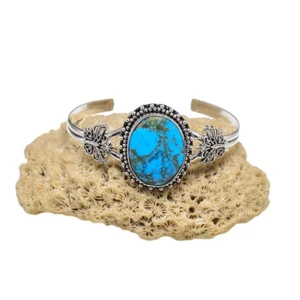 Natural Blue Copper Turquoise Gemstone : 925 Sterling Silver Cuff Bracelet - Picture 1 of 10