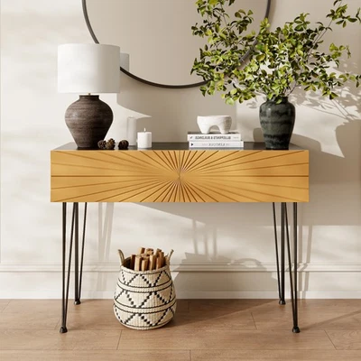 Mesa Consola Madera Granja 39.4" - Negra y Dorada con 2 Cajones y Almacenaje Foto 1 de 4