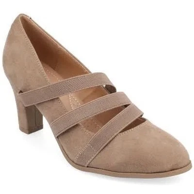NIB Journee Collection Loren Taupe Suede Elastic Strap Block Heel Shoes Womens 9 - Image 1 of 4
