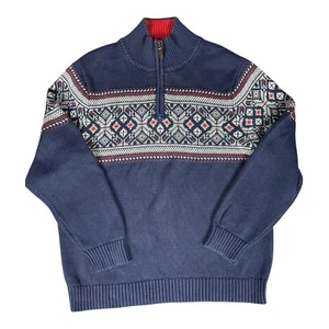 LL Bean Fair Isle Birdseye Sweater Mens Large Blue 1/4 Zip Pullover Heavy Nordic - Picture 1 of 9