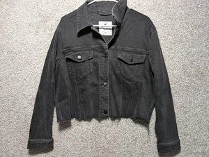 Hollister Black Distressed Long Sleeve Cropped Raw Hem Denim Jacket Size XL - Picture 1 of 6