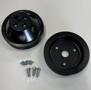 Black Aluminum 2 Groove Pulley Kit, Fits SB Chevy Short Water Pump 283 327 350 V - Picture 1 of 6