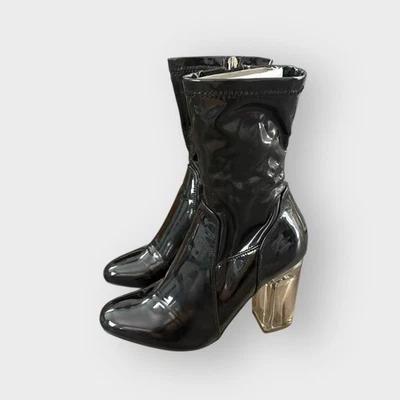 Cape Robbin Black Faux Patent Leather Booties with Perspex Lucite Heel - Glossy - Изображение 1 из 4