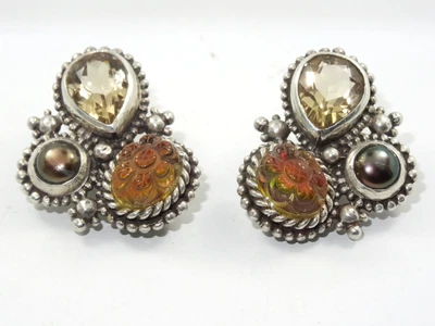 SORPRENDENTES PENDIENTES STEPHEN DWECK CITRINO ESTERLINA, PERLA, ÁGATA NARANJA TALLADA ~1" Foto 1 de 4