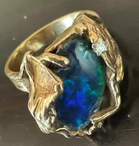 Anillo de cóctel brutalista vintage de oro amarillo de 14k doblete de ópalo + diamantes - Imagen 1 de 5