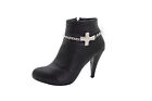 Neu Damen Stiefel Silber Metallkette Armband Schuhe Religiös Kreuz Anhänger