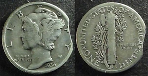 1936 Mercury Dime on a Clipped planchet at 3 o'clock or K9. - Picture 1 of 1