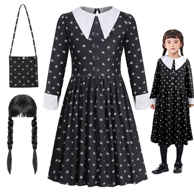 Kid Girls Wednesday Addams Family Fancy Dress Up Cosplay Costume Birthday Outfit - Image 1 of 4
