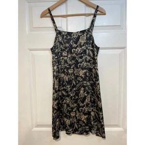 GAP 100% Silk Satin Floral Strappy Dress Sleeveless Mini Black Tan Gold M 8 - Picture 1 of 7