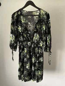 George Size 10 Black Mix Floral Short Dress. 3/4 Tie Sleeves Viscose T70 - Picture 1 of 9
