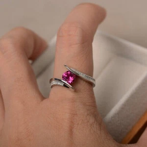 925 Sterling Silver Pink Ruby Ring Lab Created Round Cut Gemstone Women Ring - Picture 1 of 5