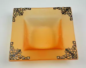 Plato de tocador cuadrado de vidrio naranja esmerilado vintage guirnalda de metal acento 4,5" x 45" - Imagen 1 de 7