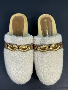 Tory Burch Shearling Jessa Size 9M Gold Horsebit Platform Wooden Clogs Shoes - Picture 1 of 11
