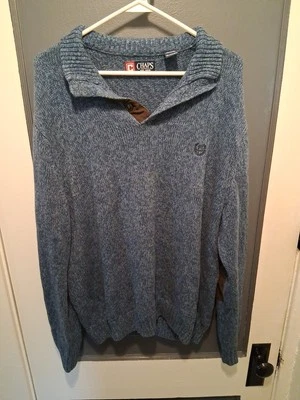 Chaps Mens Sz XL Suede Elbow Patches Mock Neck 1/4 Button Blue Sweater - Image 1 of 4