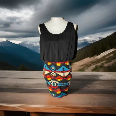 Vestido Sello Húmedo Estampado Suroeste Patrón Azteca Midi Tanque Elastizado Talla Mediana Tribal Foto 1 de 4