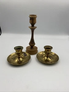 TWO Vintage Brass HB Candlestick Holders 2” Gold Tone & ONE Wood 7”Candle Holder - Picture 1 of 4
