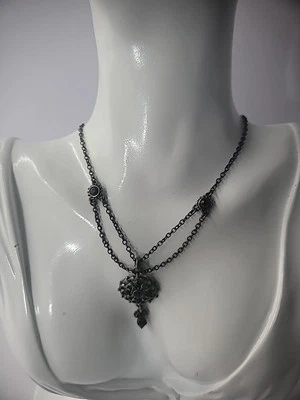 Collar Vintage Tono Gris Tono Plata Cadena Colgante Redondo Borla Cristal Negro Foto 1 de 4