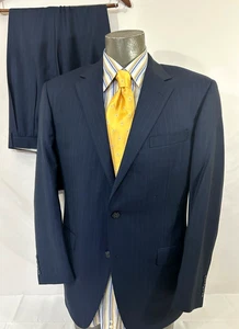 Samuelsohn Greenwich Navy Blue Stripe Pleated 2 button 100% Wool Suit Sz 42R - Picture 1 of 24