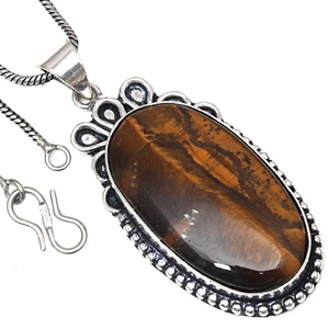 Pendant Tiger's Eye Gemstone Handmade Gift For Her Ethnic Silver Jewelry 2" - Picture 1 of 7
