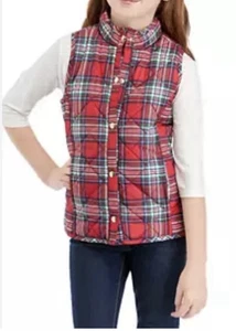 Crown & Ivy Girls Plaid Puffer Vest Tartan Christmas Holiday Vest Red Large - Picture 1 of 4