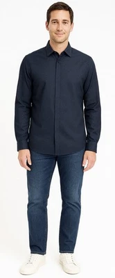 Camisa Theory Hombre Abotonada Grande 100% Algodón Cuello Manga Larga Azul Foto 1 de 4