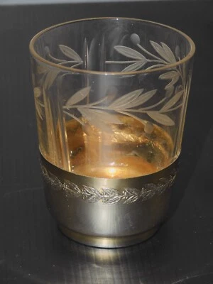 -ANCIEN VERRE GOBELET CRISTAL Gravé  Bas ARGENT MINERVE FRISES FEUILLES GUI    D - Photo 1/4