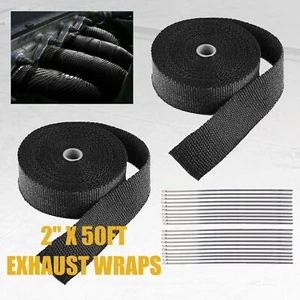 2 Roll x 2" 50Ft Black Fiberglass Exhaust Header Pipe Heat Wrap Tape+20 Ties Kit - Picture 1 of 12